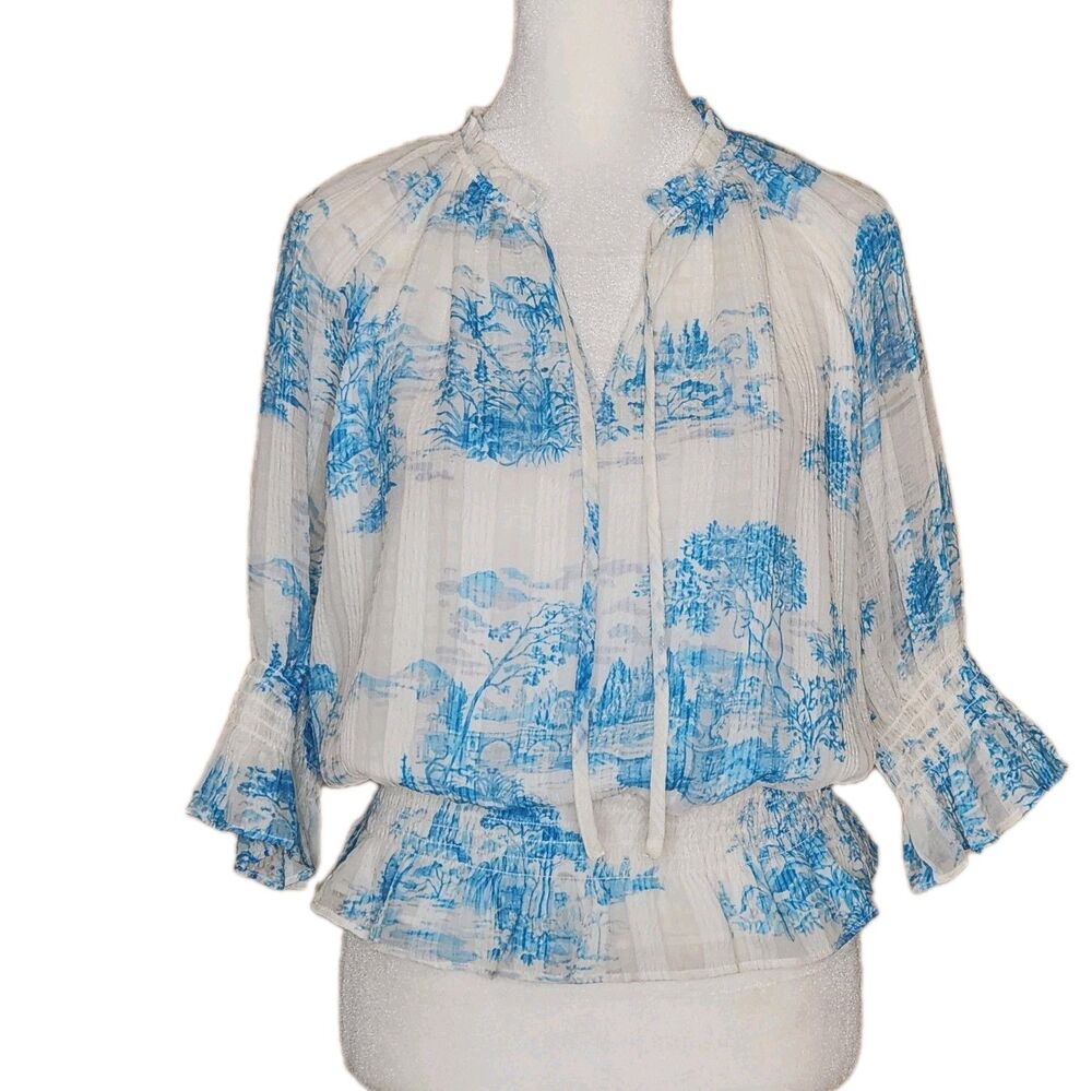 Ann Taylor Toile Print Smocked Peplum Blouse Tie Neck Blue White Small Peasant